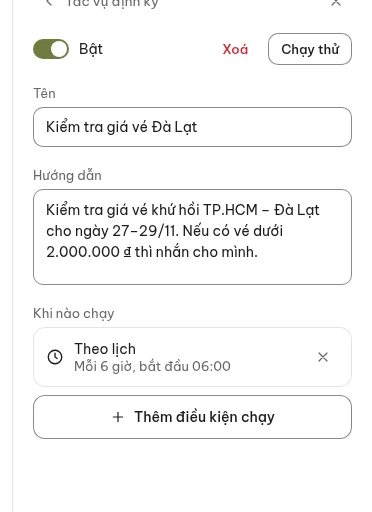 Tự chạy theo lịch: ảnh chụp app VNBot