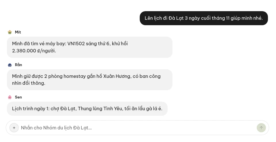 Ảnh chụp nhóm chat thật trong app VNBot, ba bot cùng trả lời một yêu cầu