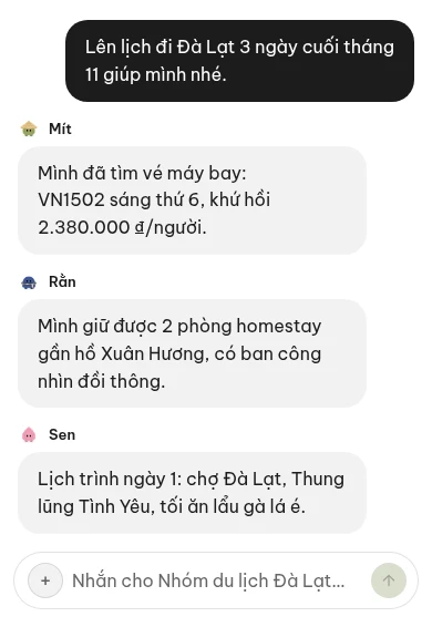 Ảnh chụp app VNBot: danh sách bot bên trái, cuộc trò chuyện tiếng Việt bên phải