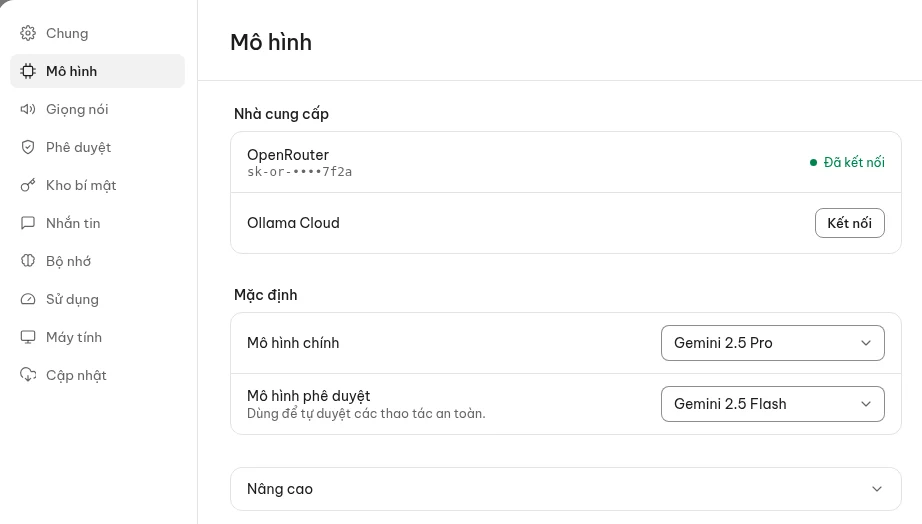 Ảnh chụp Cài đặt → Mô hình trong app VNBot: nhà cung cấp đã kết nối bằng khóa của người dùng